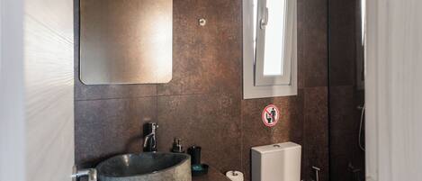 A modern bathroom with a stone sink, a toilet, and a large mirror.