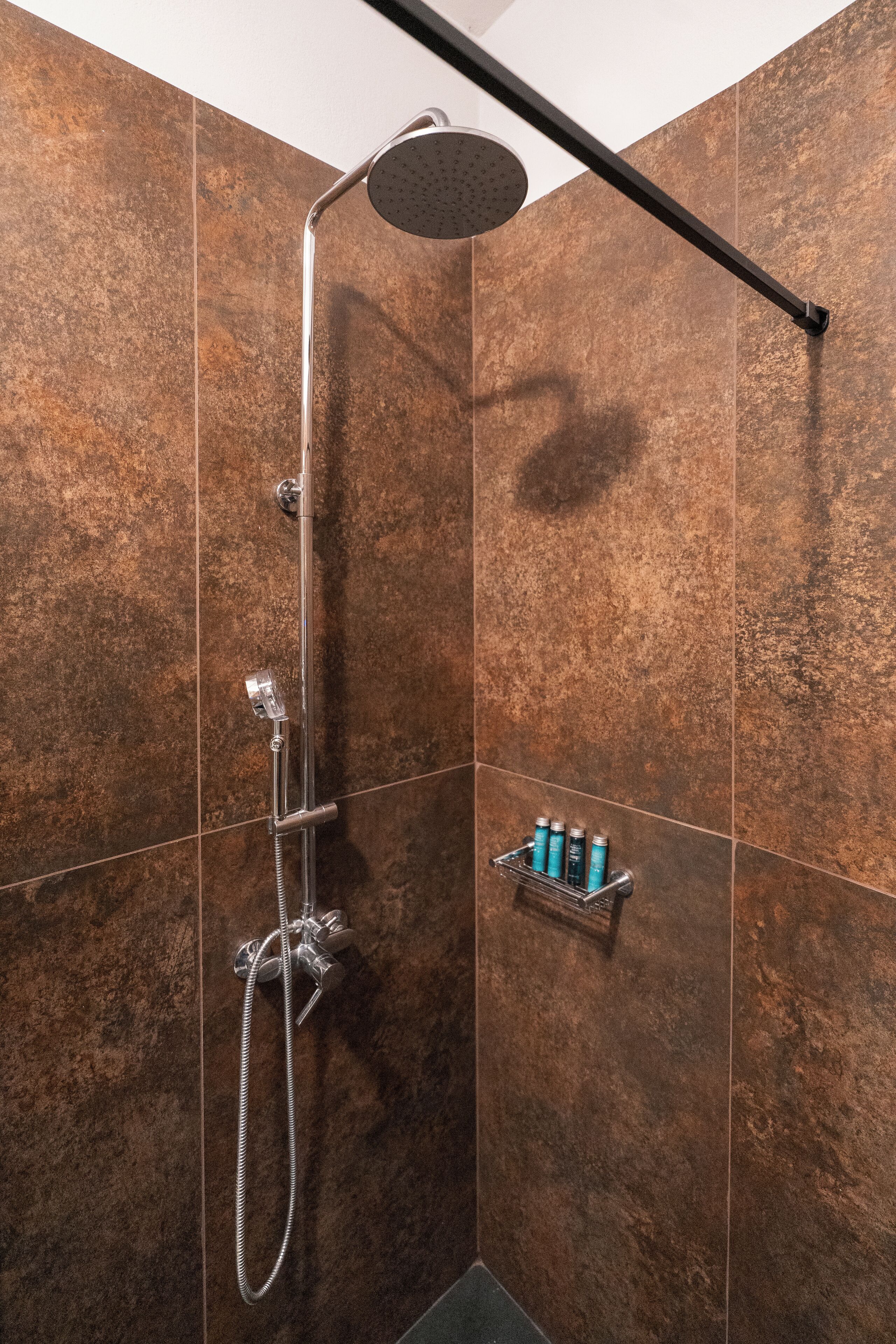 Ein Duschbereich mit Handdusche, fest installierter Duschbrause und Duschschlauch. Ein Ablagefach mit Toilettenartikeln ist vorhanden.