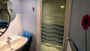A bathroom with a sink, mirror, towel rack, shower with frosted glass, and a radiator. - Iris Room in renovated house amidst nature (Moyenmoutier)