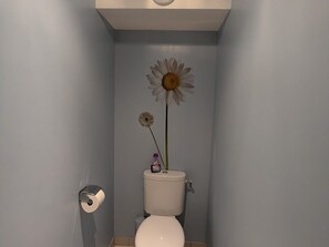 Une salle de bain avec des toilettes, un rouleau de papier toilette et une seule fleur posée sur le réservoir des toilettes.