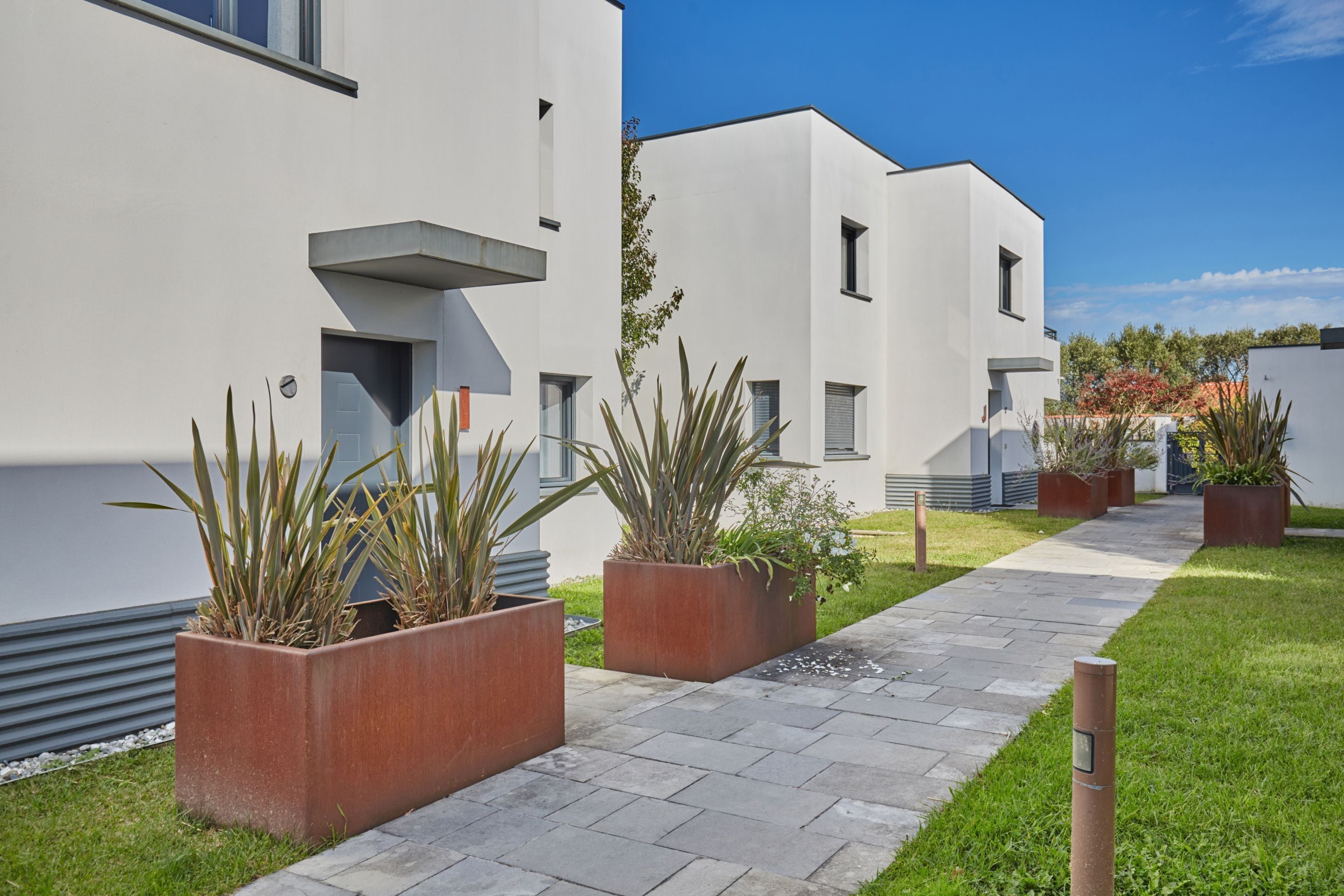 Un bâtiment moderne à la façade blanche et épurée, doté d’une allée pavée et de jardinières rectangulaires où sont plantées différentes espèces végétales.