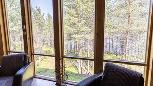 A cabin with large windows offering a view of a forest. There are two chairs and a decorative plant in the room.