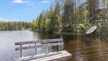 Una banchina di legno che si protende in un lago tranquillo, circondato da una fitta foresta.