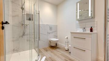 A modern bathroom with a glass-enclosed shower, a toilet, and a vanity with a mirror.
