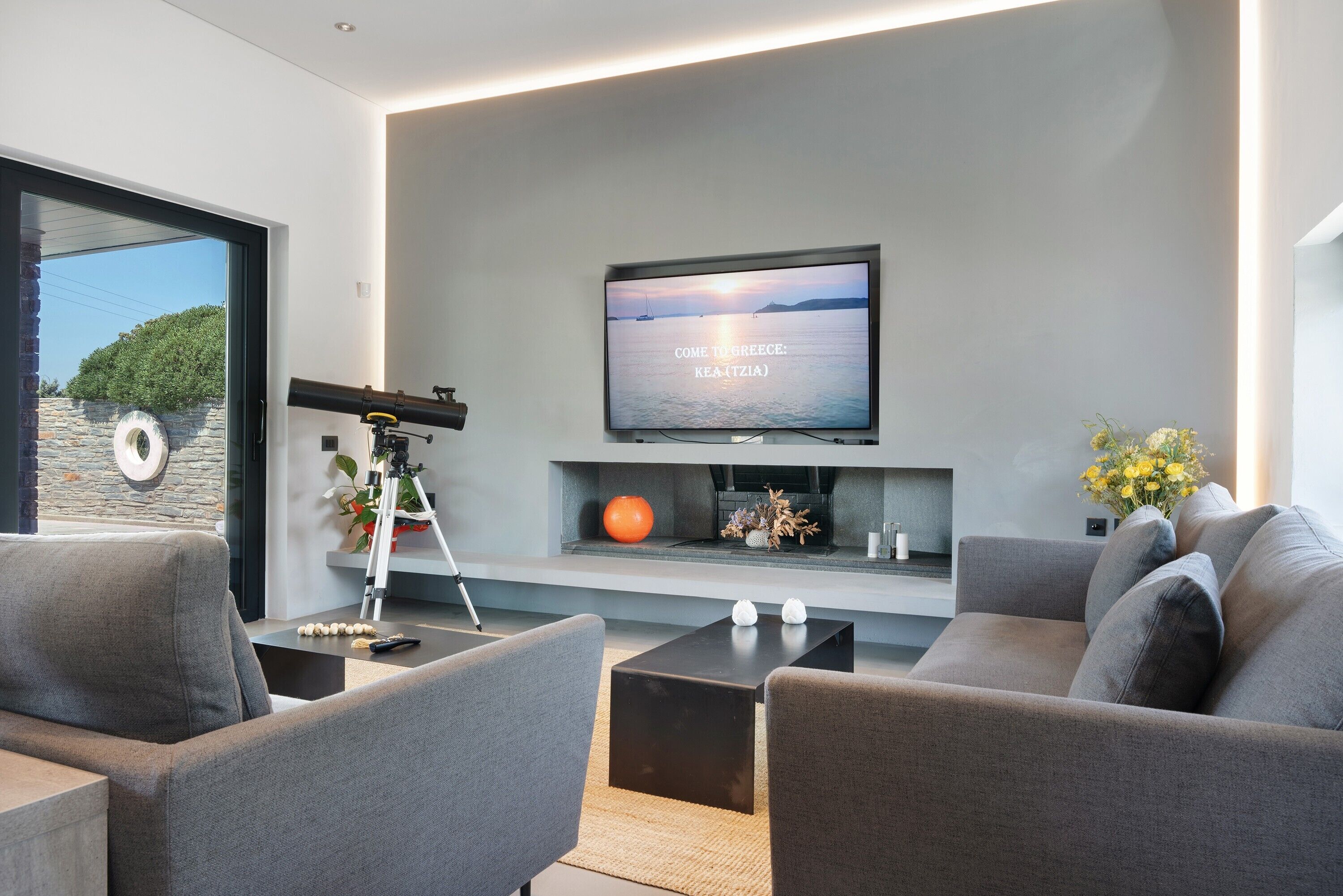 TV, fireplace
