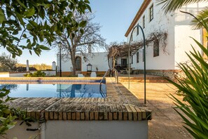A swimming pool with a brick edge, a white building with vines, and a clear sky.