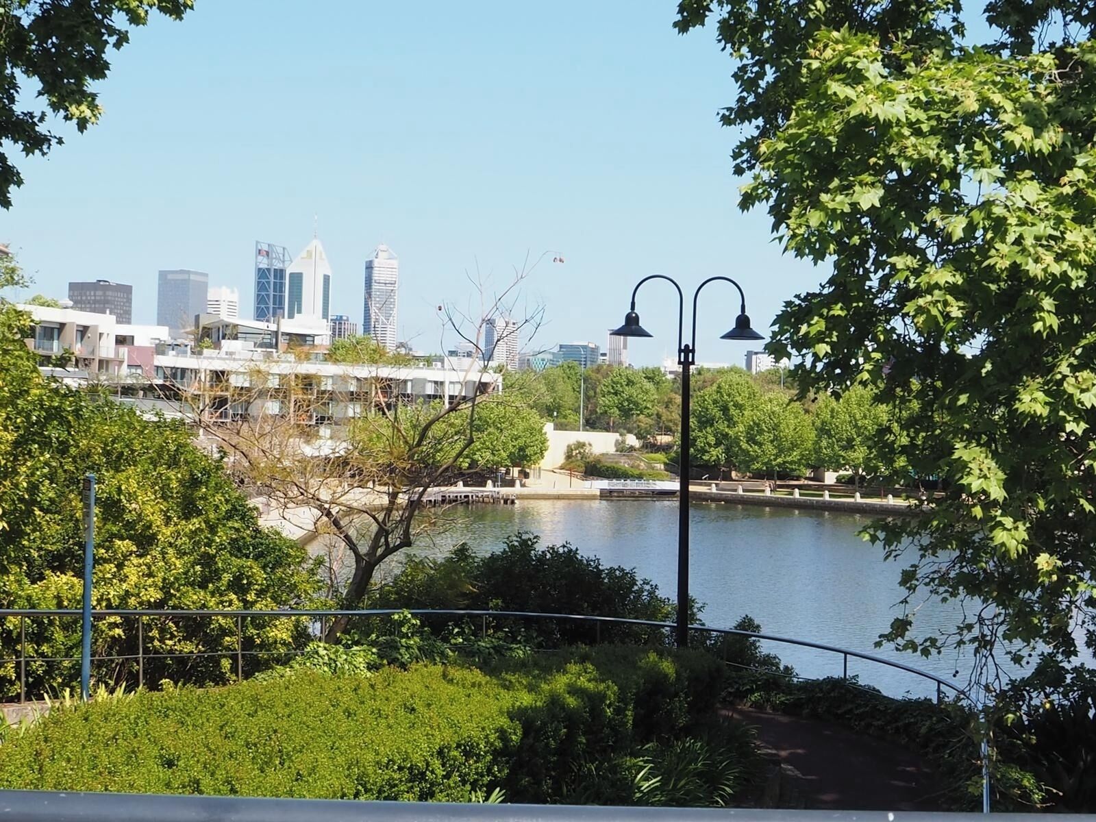 A riverside view with a city skyline in the background, including modern buildings and a bridge.