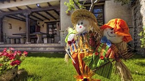 Two scarecrow figures in a garden with a building in the background.