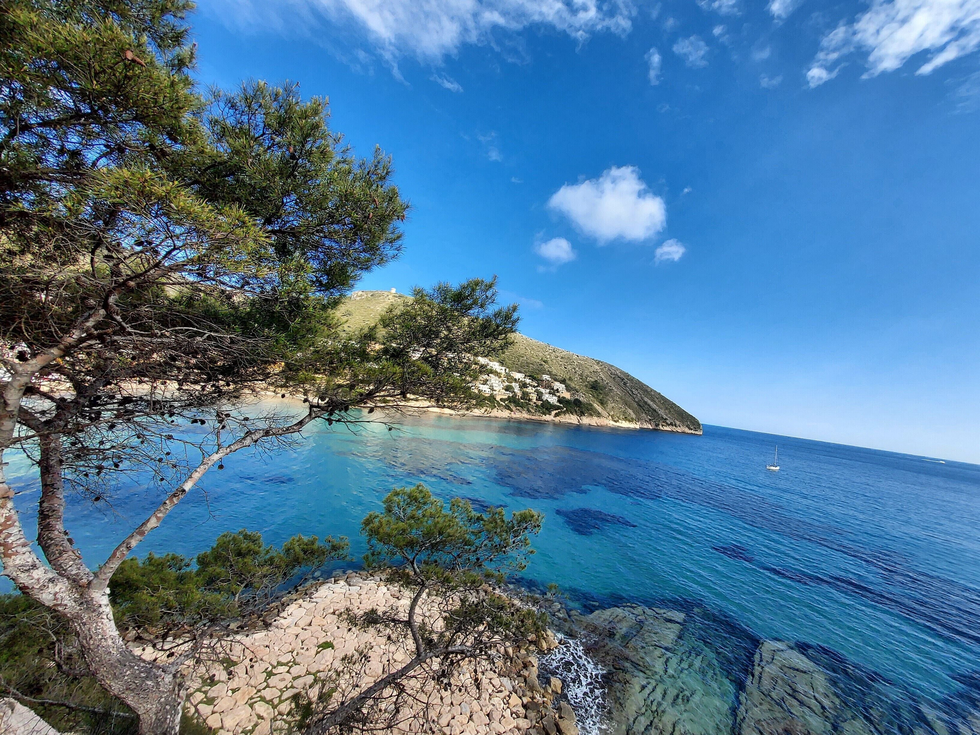 A coastal landscape with clear blue waters, rocky shore, and a tree-lined path.