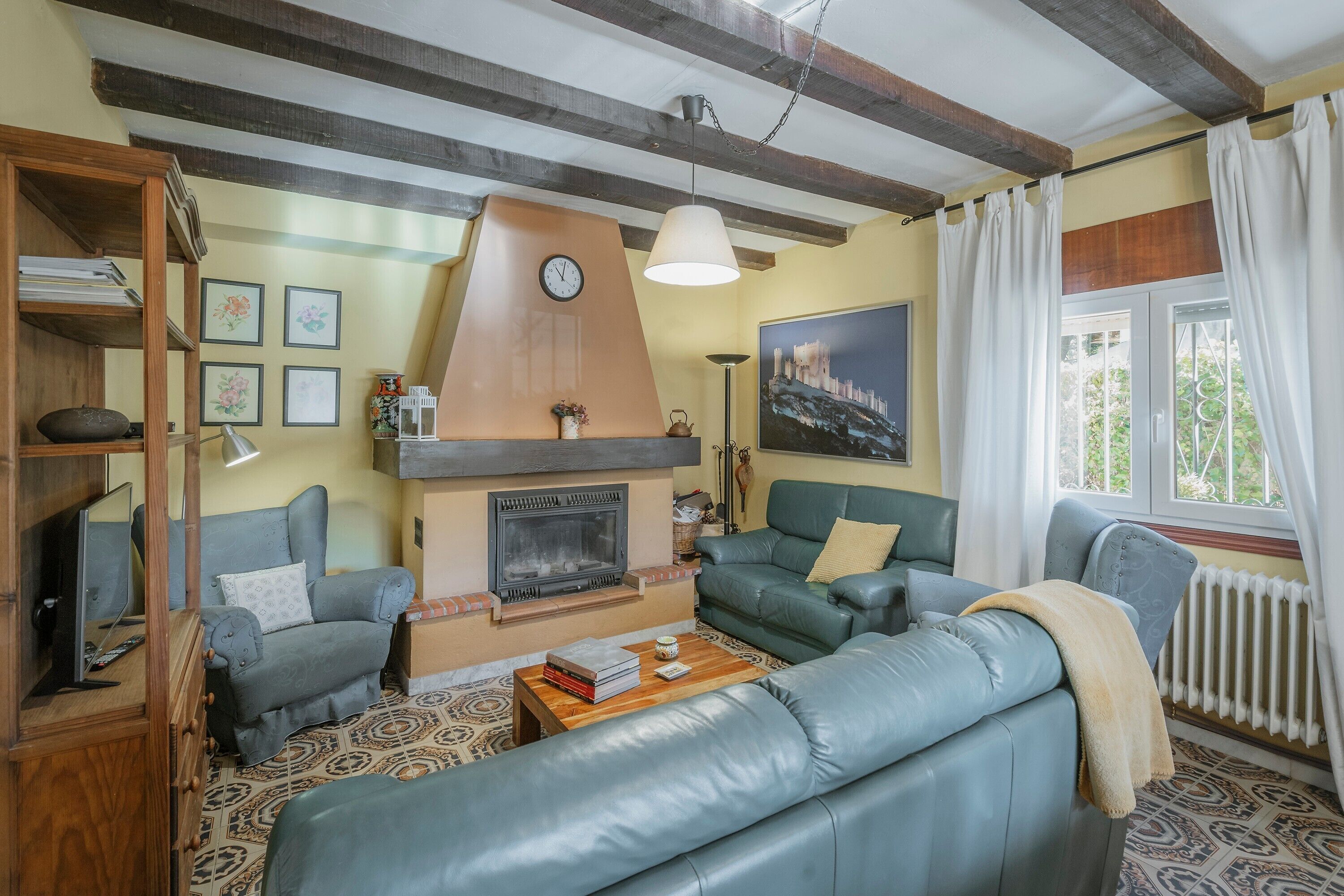 Télévision, cheminée, lecteur de DVD, chaîne hi-fi