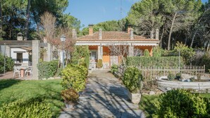 A house with a stone facade, a tiled roof, and a garden with a pathway leading to the entrance. - Country House 'Ribera Del Duero' with Mountain View, Private Pool and Private Garden (TRASPINEDO)