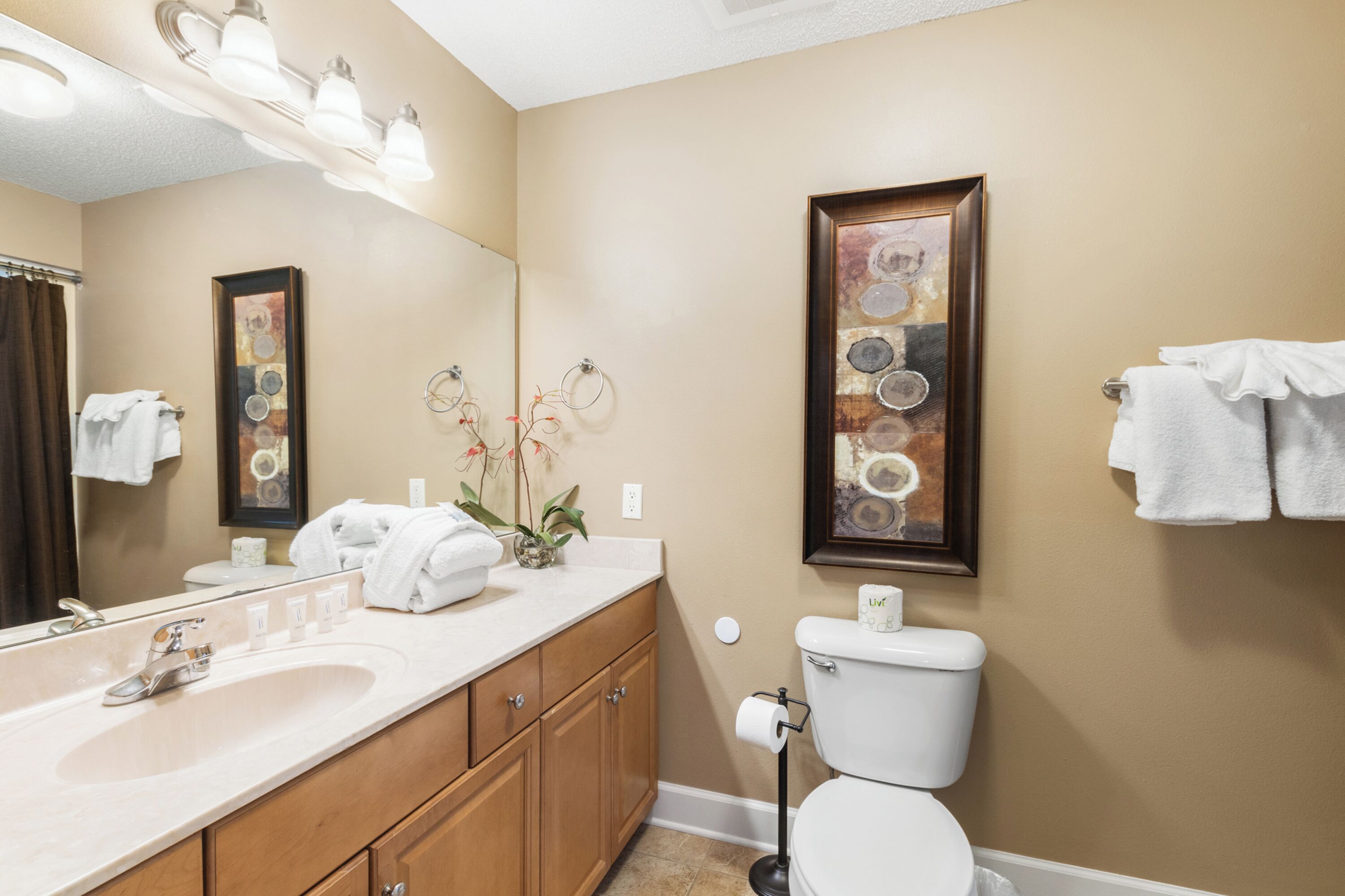 A bathroom with a sink, mirror, toilet, and towel rack.