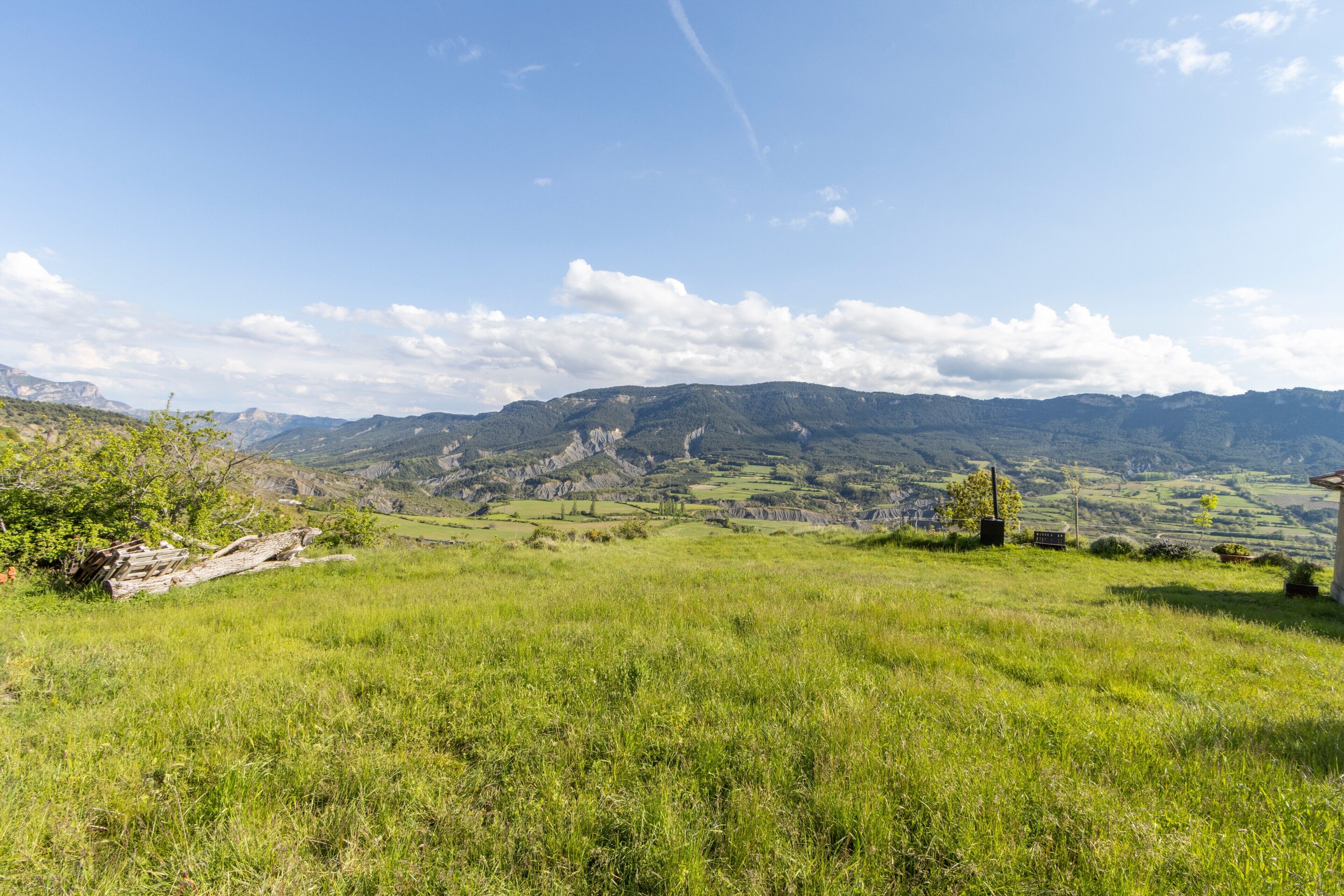 A grassy field with distant mountains and a clear sky.