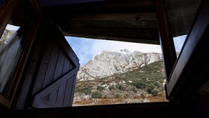 Una habitación con techo de madera y vistas a un paisaje montañoso.