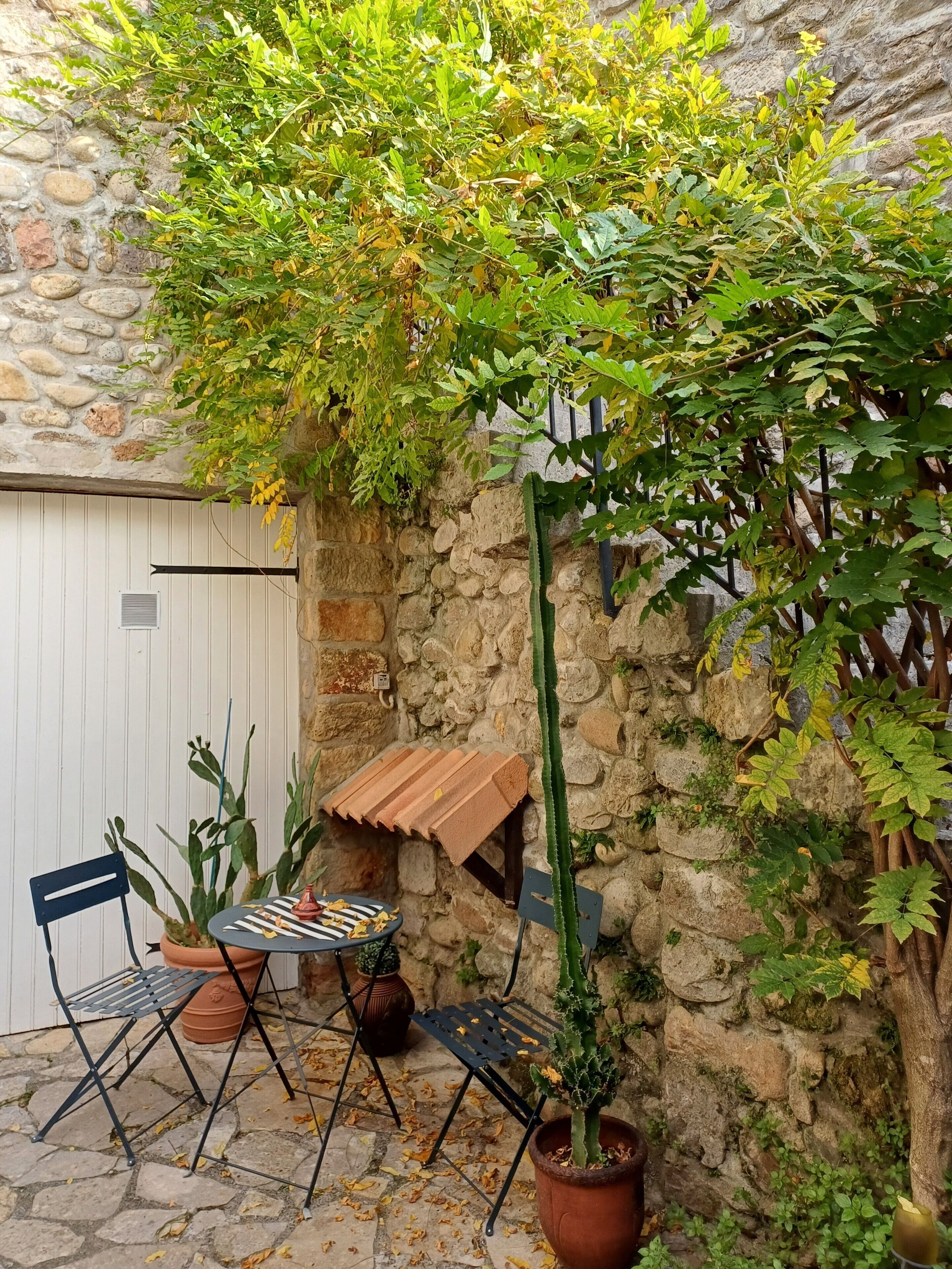 A stone wall with a cactus and potted plants, a metal bench, and a table with a striped tablecloth.