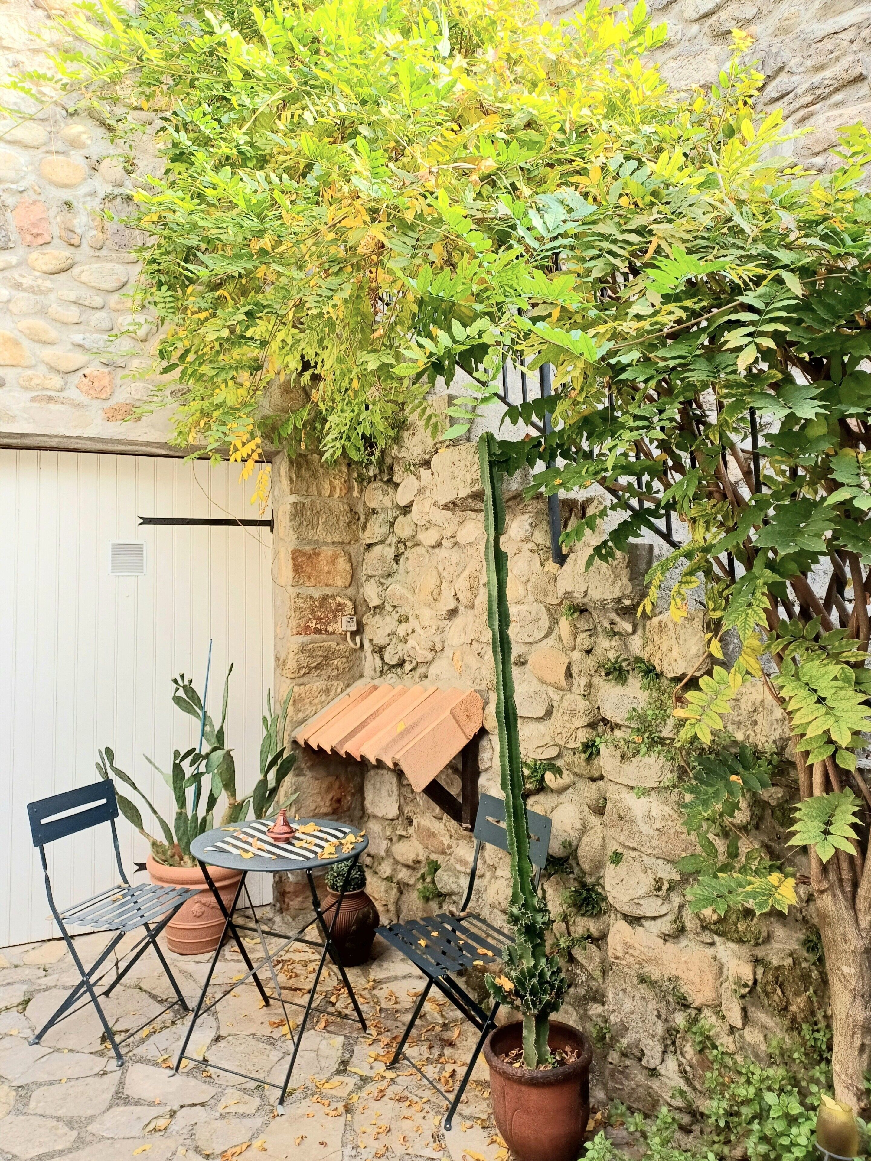 A stone wall, a cactus, a metal table with chairs, and a potted plant.
