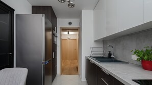A modern kitchen with a stainless steel refrigerator, wooden door, and a sink with a potted plant. - Lumina apartment in center Warsaw (Warsaw)