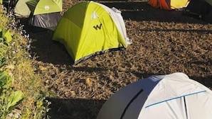 En campingplats med flera tält uppställda i rader, omgiven av vacker natur och en klar himmel.