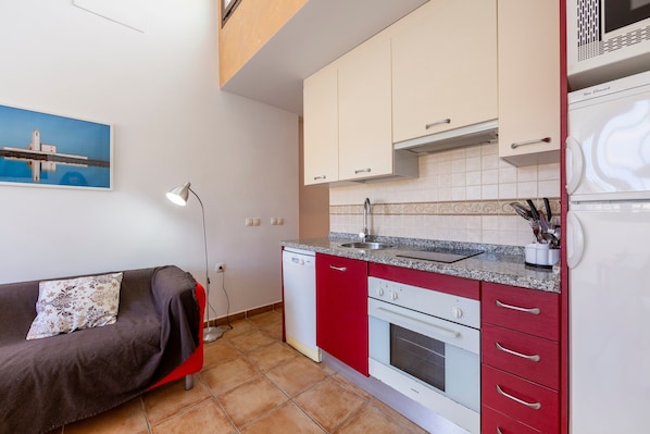 A compact kitchen with a dishwasher, oven, and a microwave.