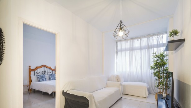 A modern bedroom with a bed, a sofa, a TV stand, and a potted plant.
