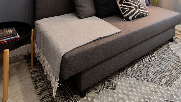 A modern living room with a grey sofa, a black and white patterned pillow, a grey throw blanket, and a large green plant. - Chic Black White 2BR Retreat on Dambovitei (Bucharest)
