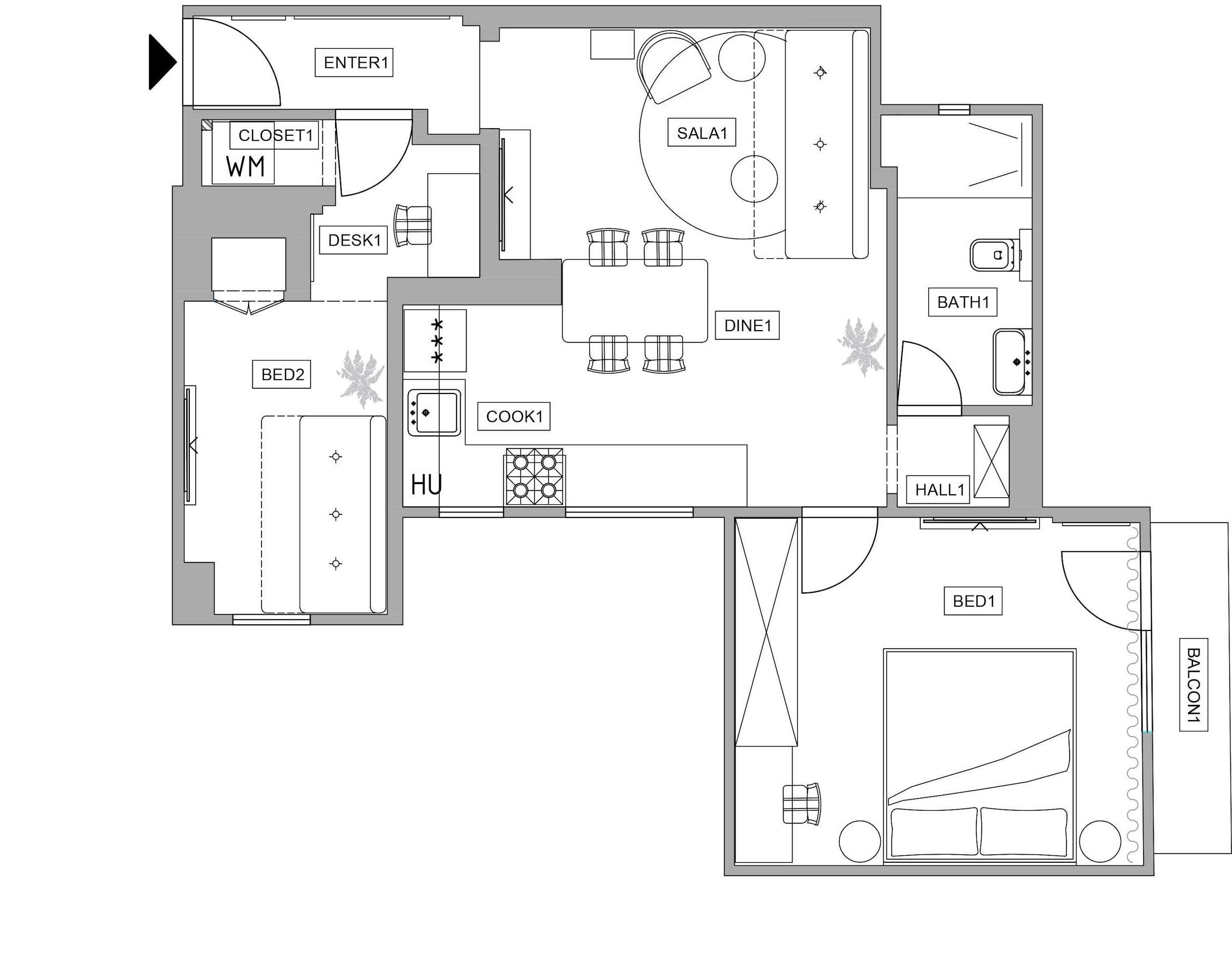 A hotel floor plan with a bedroom, bathroom, closet, dining area, kitchen, and balcony.