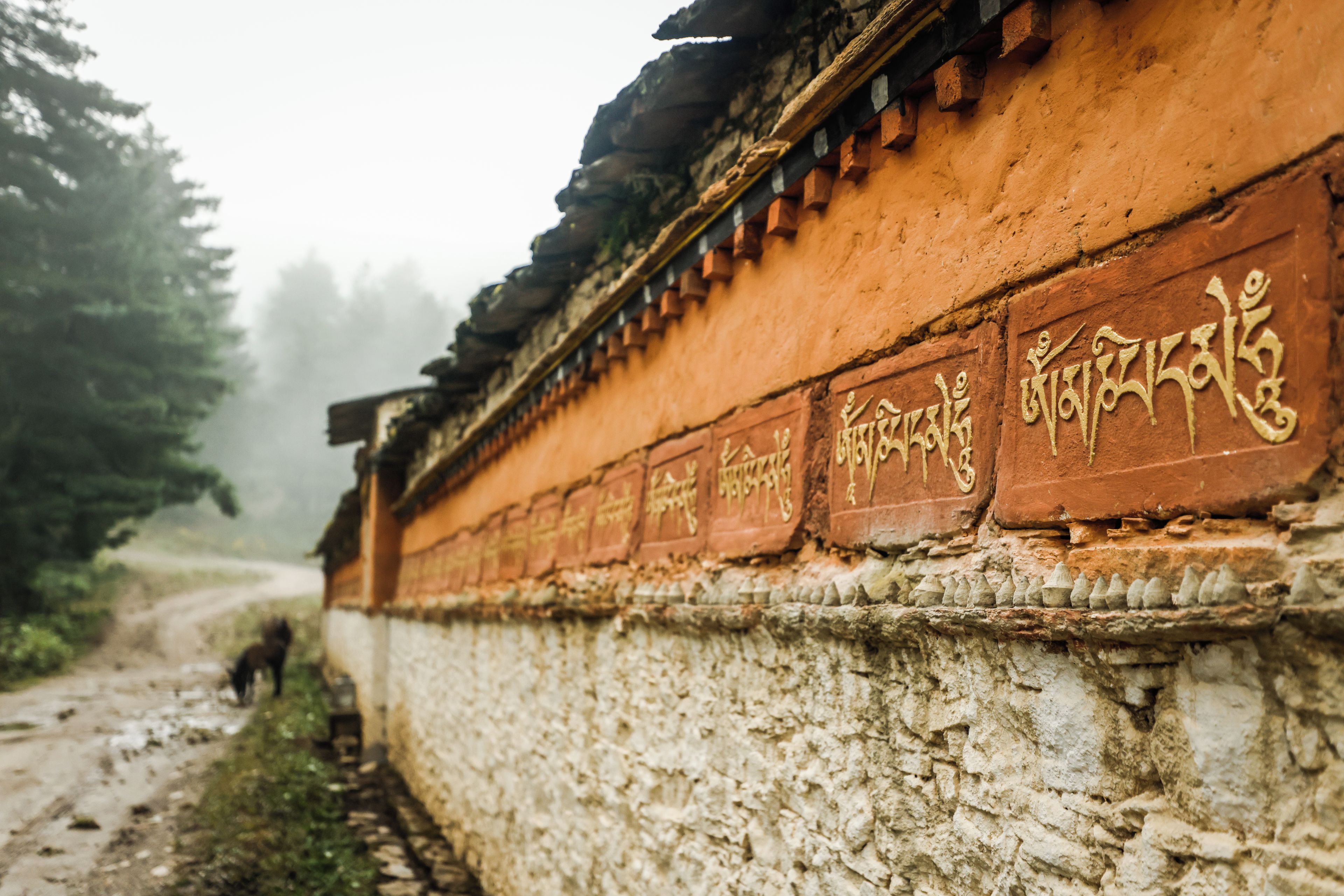 A traditional building with inscriptions on its wall, a pathway leading to it, and a foggy environment.