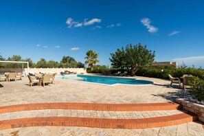 Un área de piscina con un cielo azul despejado, una palmera y mobiliario exterior.