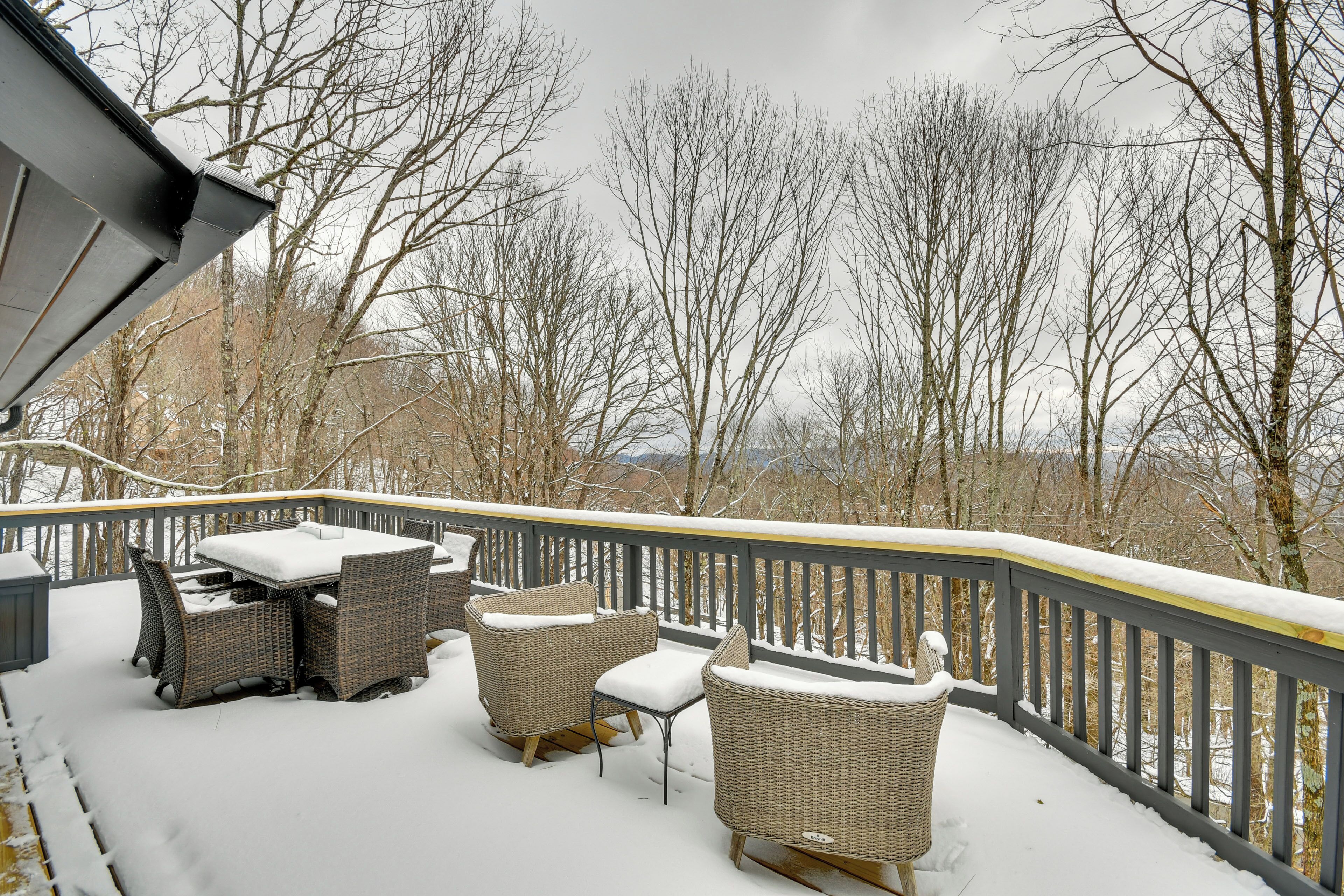 Terraza cubierta de nieve con mobiliario de mimbre y vistas a árboles sin hojas.