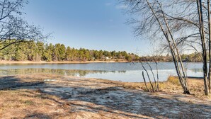 A lakeside view with a forest in the background and a clear sky.