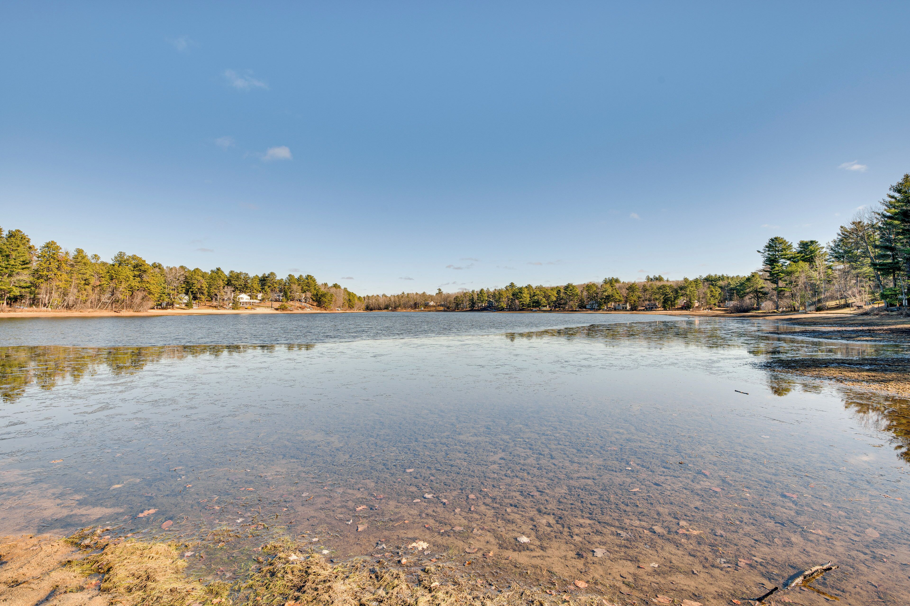 A clear view of a lake surrounded by trees and a sandy shore.