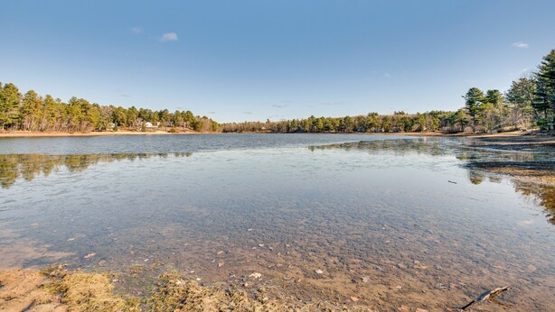 A clear view of a lake surrounded by trees and a sandy shore.