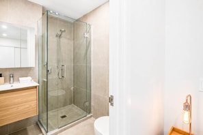 Shower, hair dryer, towels, shampoo