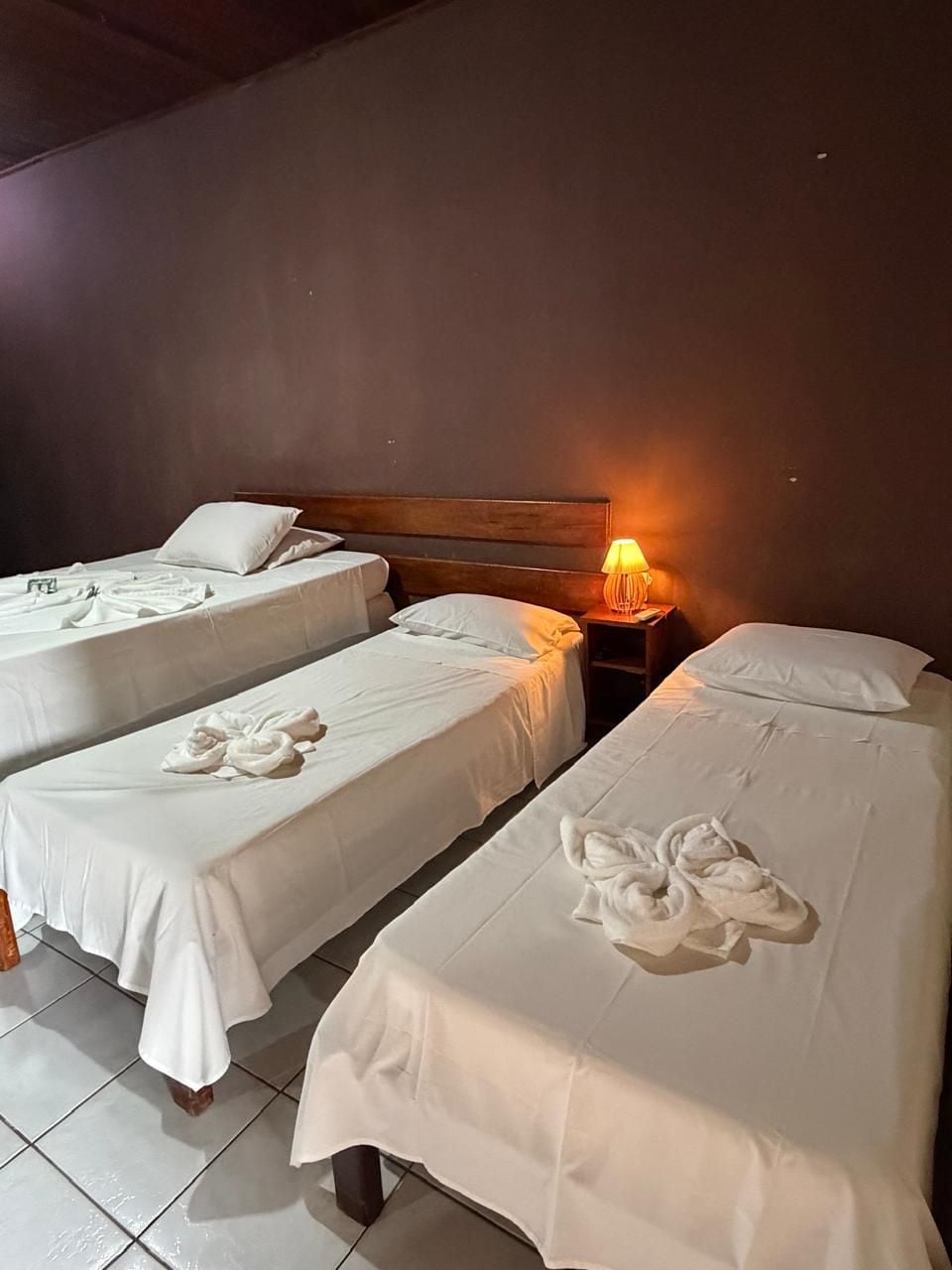 Une chambre d’hôtel avec deux lits simples, une tête de lit en bois, une table de chevet avec une lampe, et des serviettes soigneusement disposées sur les lits.