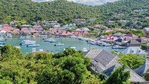 A coastal town with a marina filled with boats, surrounded by lush green hills and residential buildings with red roofs. - Beautiful 2-bedroom apartment in Gustavia with harbor view in Saint Barthélémy (Gustavia)