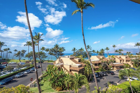 A hotel with a parking lot, palm trees, and a view of the ocean.