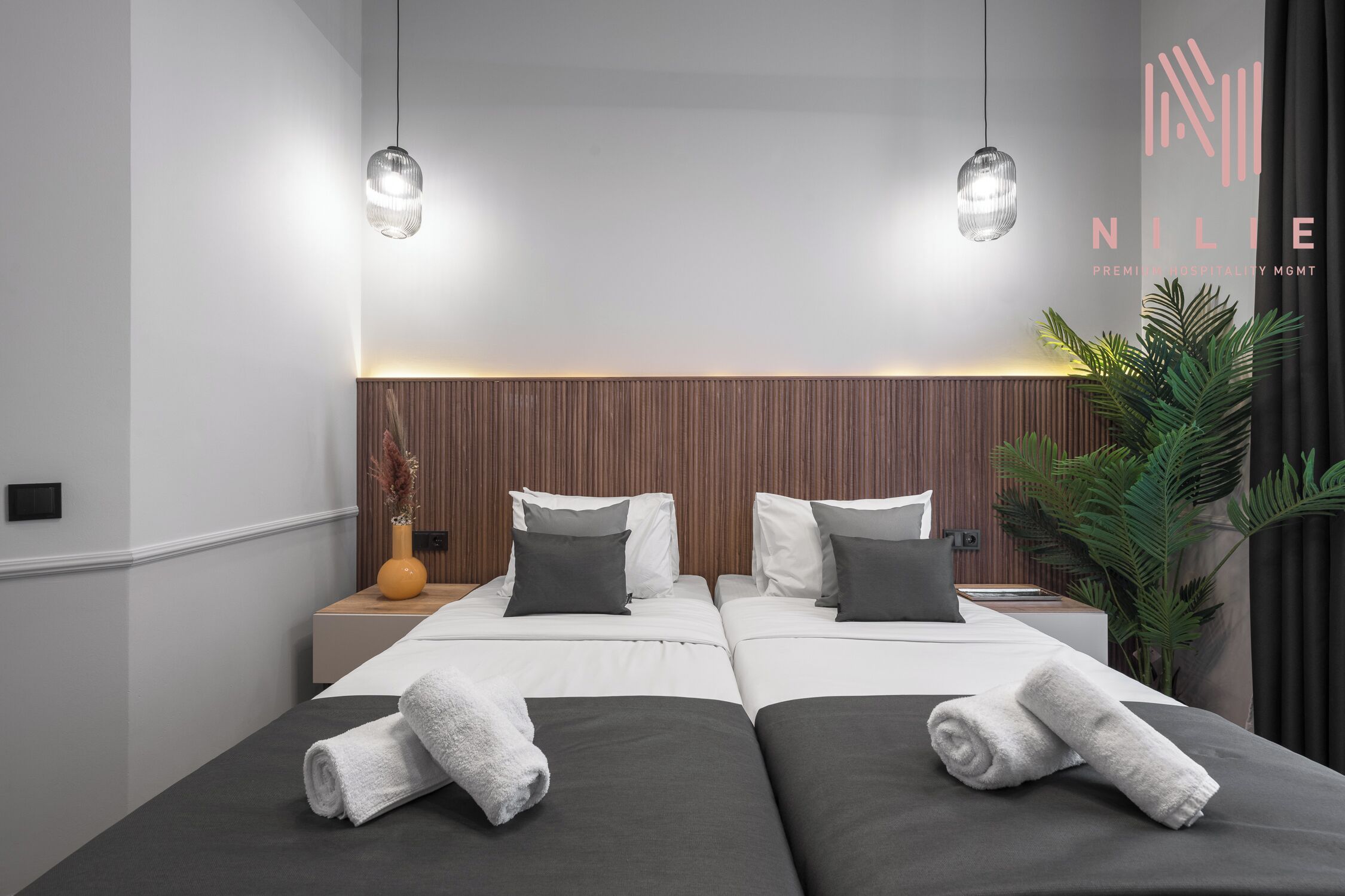 Een moderne hotelkamer met twee bedden, een houten hoofdbord, een potplant en een nachtkastje met een vaas.