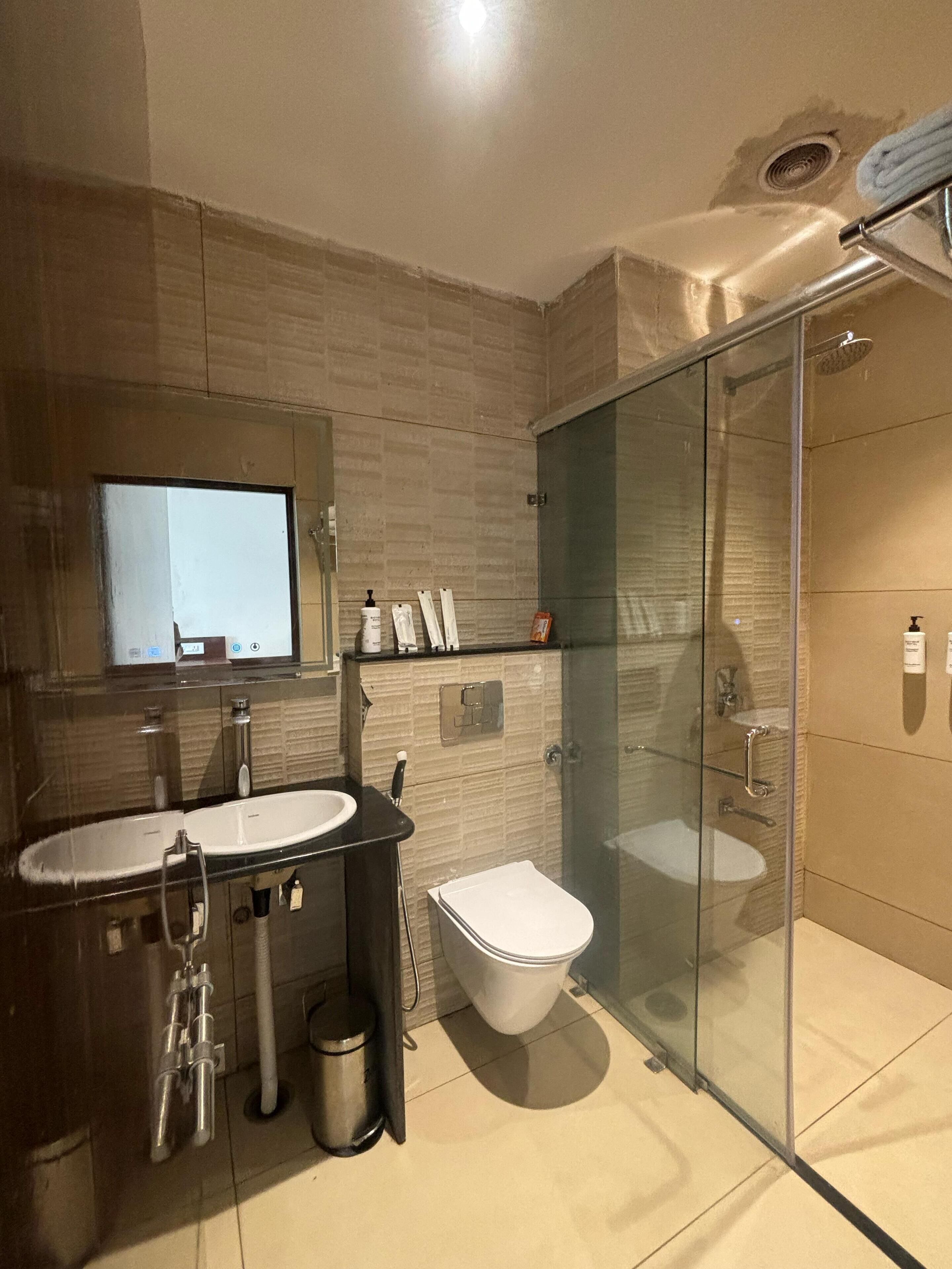 A modern bathroom with a glass-enclosed shower, a sink with a mirror, and a toilet.