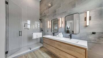 Shower, hair dryer, towels, toilet paper