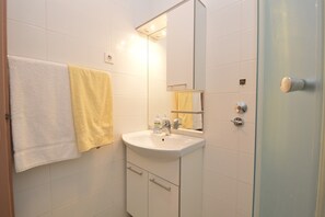 Chuveiro, secador de cabelo, toalhas de banho 