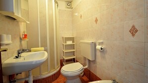 A bathroom with a sink, toilet, shower, and a toilet paper holder. - Studio Rahela 3 in Mali Lošinj, Zagazinjine. Suitable for 2 people. (Mali Losinj)