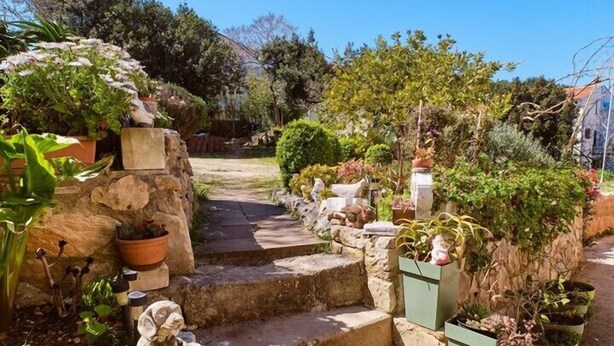 A stone staircase leading to a garden area with potted plants and a statue.