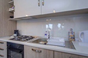 Kühlschrank, Ofen, Herdplatte, Wasserkocher mit Kaffee-/Teezubehör