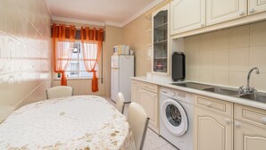 Une cuisine de taille réduite équipée d’un lave-linge, d’un réfrigérateur et d’un évier.