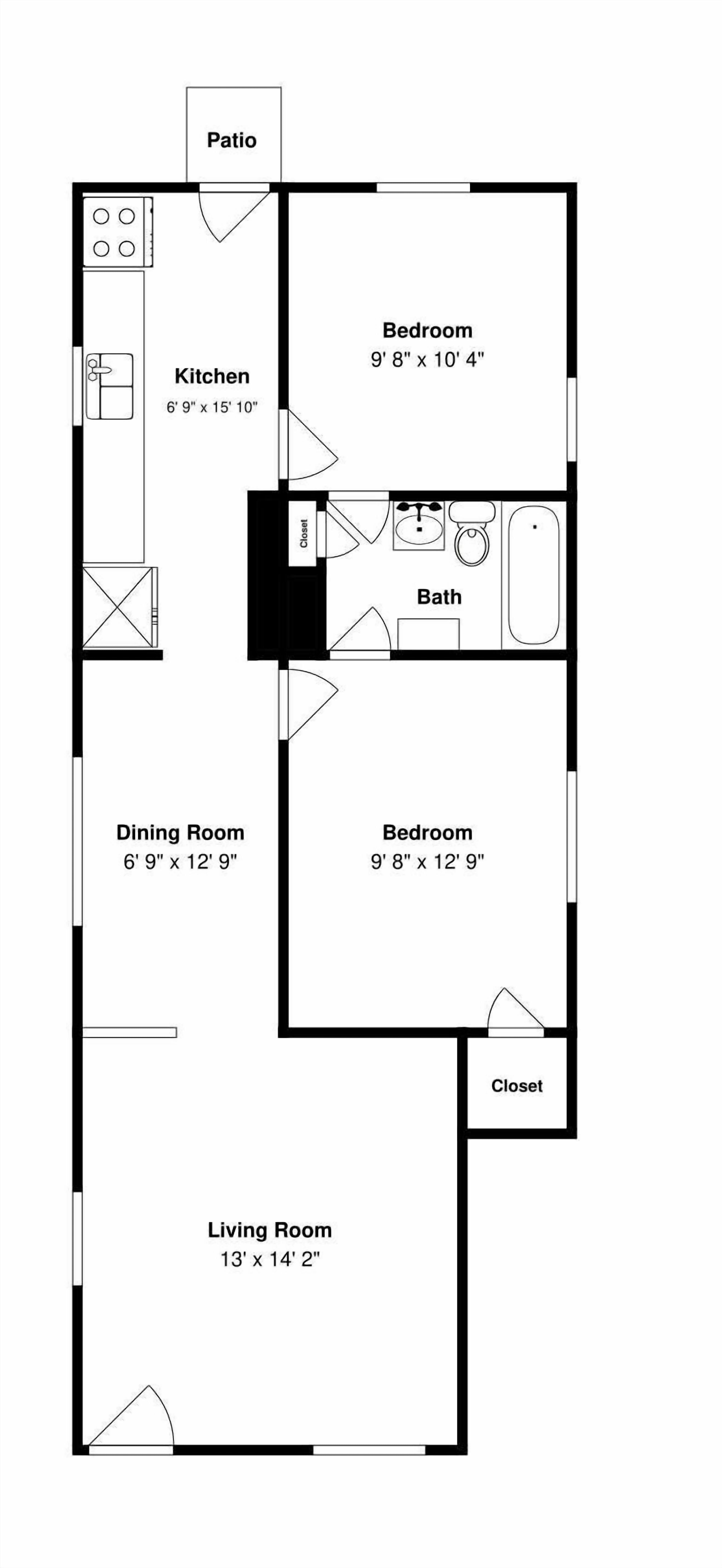 A floor plan with a patio, kitchen, dining room, two bedrooms, a bathroom, a living room, and a closet.