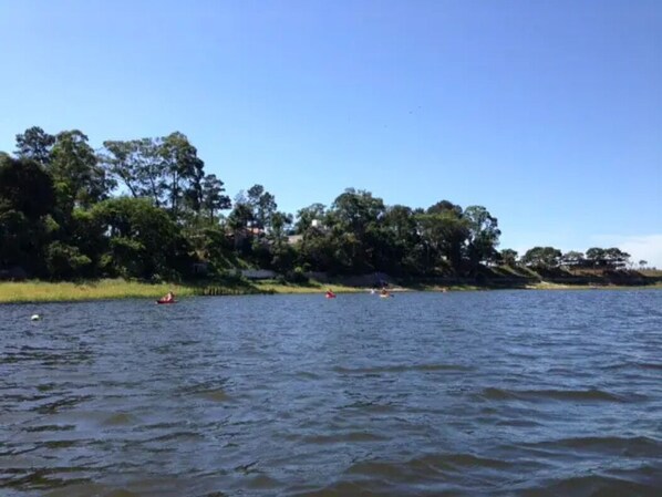 Un lago tranquilo con barcos y una orilla bordeada de árboles.