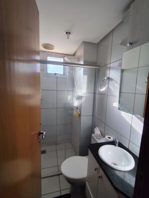 Hair dryer, towels, soap, toilet paper
