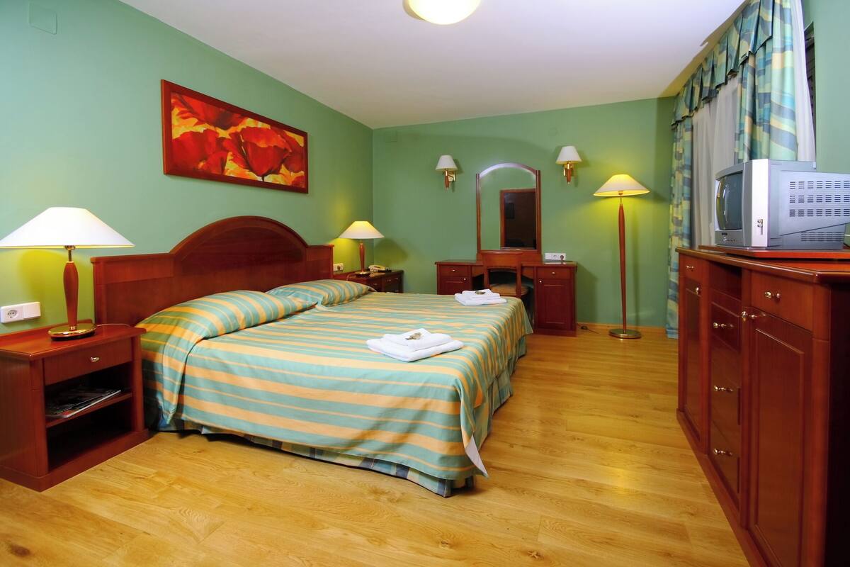 Una camera d'albergo con un letto, abat-jour, televisore, uno specchio e un quadro appeso al muro.