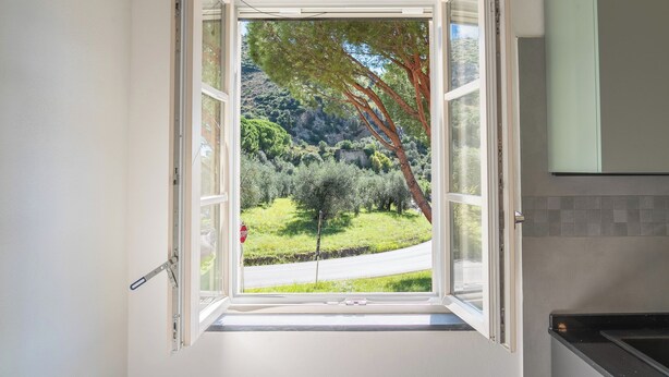 Une fenêtre ouverte donnant sur un paysage verdoyant et des arbres.