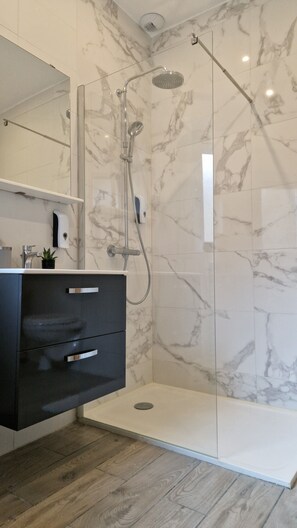 Shower, eco-friendly toiletries, hair dryer, towels